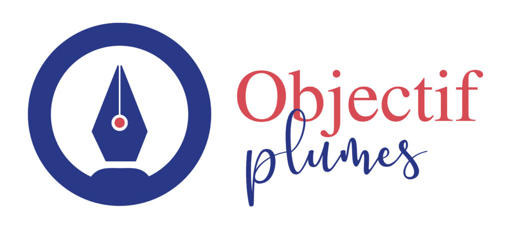Logo de "Objectif Plumes" sur fond rose texturé.
