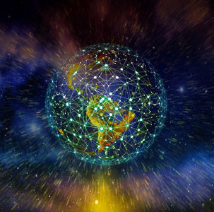 Image abstraite du globe avec points lumineux connectés.